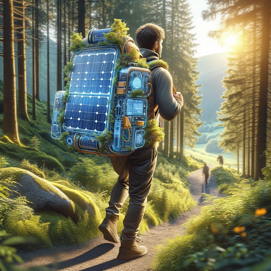 Man carrying portable solar panels on his back